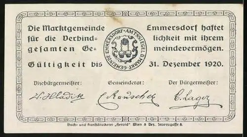 Notgeld Emmersdorf 1920, 20 Heller, Kirche und Eimer, Gemeindesiegel mit Unterschriften