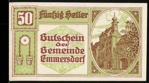 Notgeld Emmersdorf 1920, 50 Heller, Kirche und Eimer-Motiv, Gemeindesiegel und Unterschriften