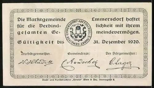 Notgeld Emmersdorf 1920, 50 Heller, Kirche und Eimer-Motiv, Gemeindesiegel und Unterschriften