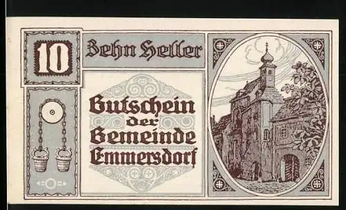 Notgeld Emmersdorf 1920, 10 Heller, historische Gebäude und Wappen der Gemeinde