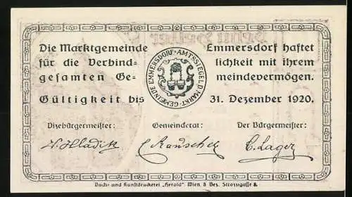 Notgeld Emmersdorf 1920, 10 Heller, historische Gebäude und Wappen der Gemeinde