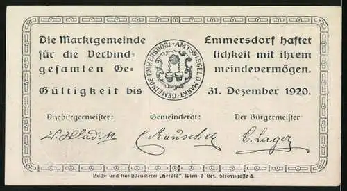 Notgeld Emmersdorf 1920, 20 Heller, Gebäudeansicht, Eimer und Seil, Gemeindesiegel