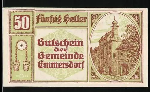 Notgeld Emmersdorf 1920, 50 Heller, historisches Gebäude und Gemeindesiegel