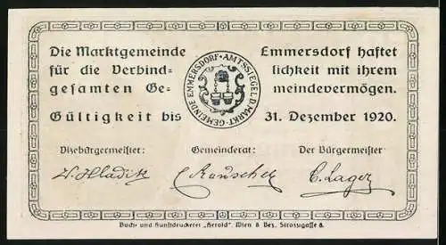 Notgeld Emmersdorf 1920, 50 Heller, historisches Gebäude und Gemeindesiegel