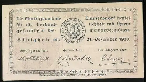 Notgeld Emmersdorf 1920, 10 Heller, Gebäudeansicht und Eimer-Motiv, mit Wappen und Unterschriften