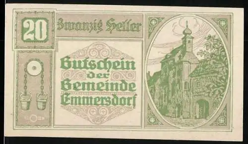 Notgeld Emmersdorf 1920, 20 Heller, Kirche und Gemeindeemblem