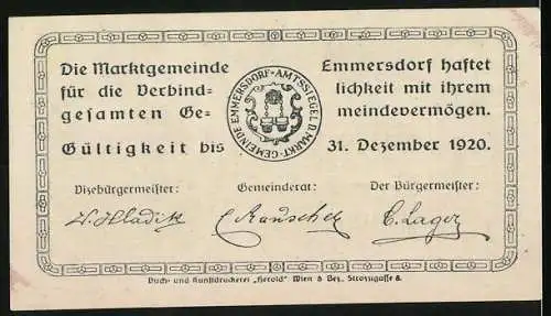 Notgeld Emmersdorf 1920, 20 Heller, Kirche und Gemeindeemblem