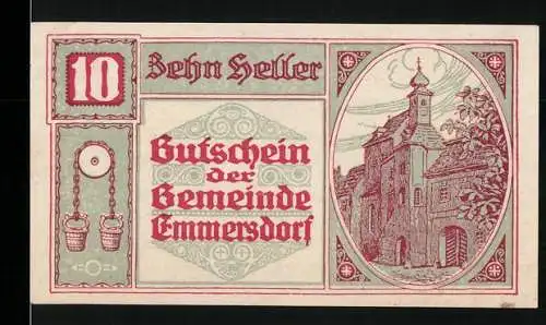 Notgeld Emmersdorf 1920, 10 Heller, Gebäude und Kübelmotiv, Gemeindesiegel