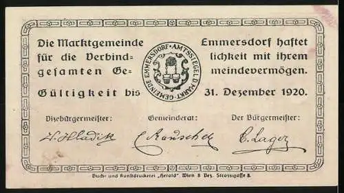 Notgeld Emmersdorf 1920, 10 Heller, Gebäude und Kübelmotiv, Gemeindesiegel