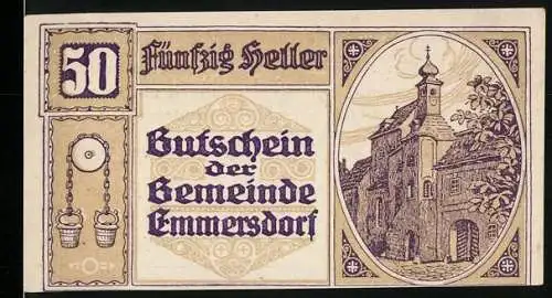 Notgeld Emmersdorf 1920, 50 Heller, Kirche und Wappen, Eimer am Brunnen, Gültigkeit bis 31. Dezember 1920