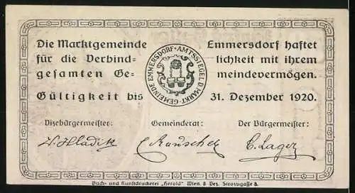 Notgeld Emmersdorf 1920, 50 Heller, Kirche und Wappen, Eimer am Brunnen, Gültigkeit bis 31. Dezember 1920