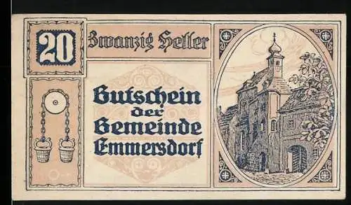 Notgeld Emmersdorf 1920, 20 Heller, Gebäude und Eimer-Motiv, Gemeindesiegel