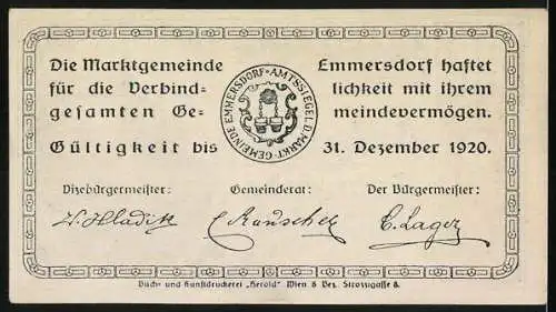 Notgeld Emmersdorf 1920, 20 Heller, Gebäude und Eimer-Motiv, Gemeindesiegel