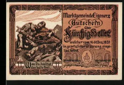 Notgeld Eisenerz 1920, 50 Heller, Bergmann mit Spitzhacke und Gebirgslandschaft, Wappen und Seriennummer enthalten