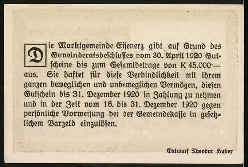 Notgeld Eisenerz 1920, 50 Heller, Bergmann mit Spitzhacke und Gebirgslandschaft, Wappen und Seriennummer enthalten