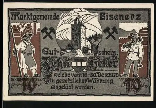 Notgeld Eisenerz 1920, 10 Heller, Bergarbeiter und Burgmotiv, Wappen, Unterschriften