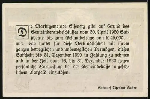 Notgeld Eisenerz 1920, 10 Heller, Bergarbeiter und Burgmotiv, Wappen, Unterschriften