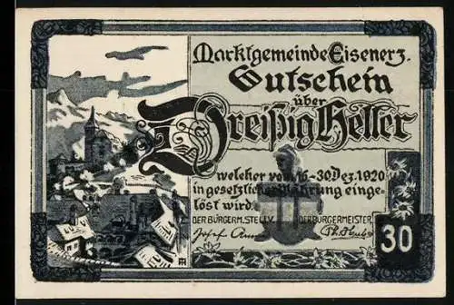 Notgeld Eisenerz 1920, 30 Heller, Stadtansicht und Landschaftsmotiv