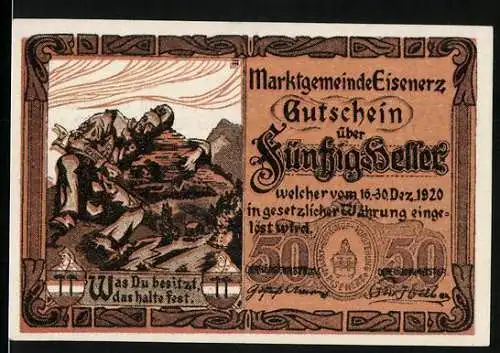 Notgeld Eisenerz 1920, 50 Heller, Bergarbeiter-Motiv, Seriennummer und Wappen