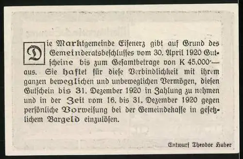 Notgeld Eisenerz 1920, 50 Heller, Bergarbeiter-Motiv, Seriennummer und Wappen