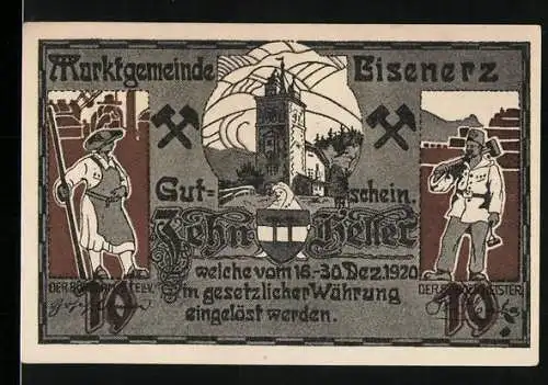 Notgeld Eisenerz 1920, 10 Heller, Bergbau-Symbole und Burgturm, Entwurf Theodor Huber