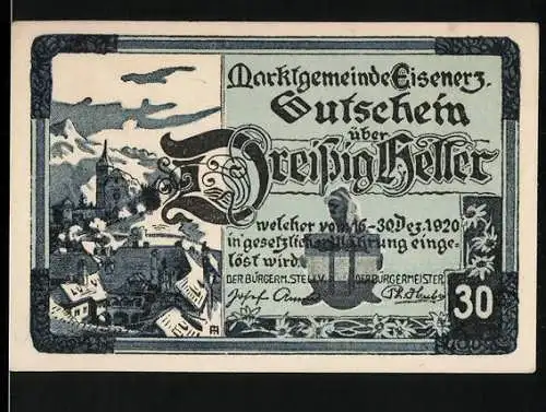 Notgeld Eisenerz 1920, 30 Heller, malerische Stadtansicht und Berglandschaft, Entwurf Theodor Huber