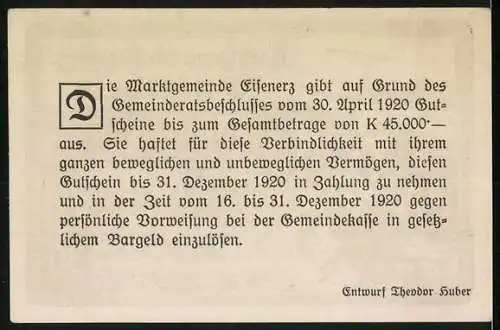 Notgeld Eisenerz 1920, 30 Heller, malerische Stadtansicht und Berglandschaft, Entwurf Theodor Huber