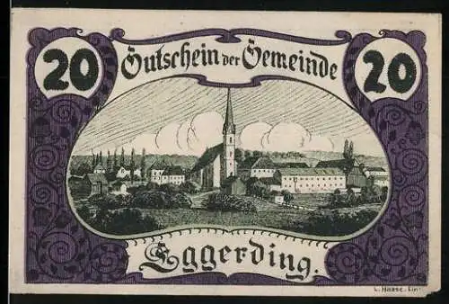 Notgeld Eggerding 1920, 20 Heller, Stadtansicht mit Kirche und umliegender Landschaft