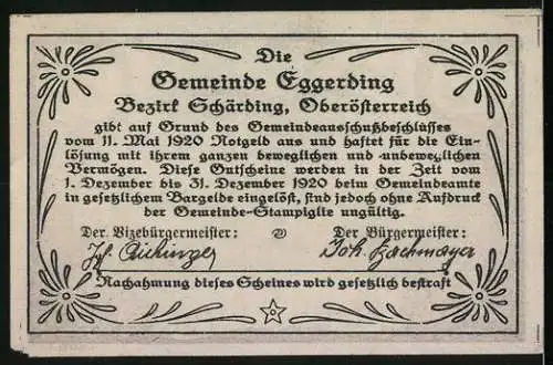 Notgeld Eggerding 1920, 20 Heller, Stadtansicht mit Kirche und umliegender Landschaft