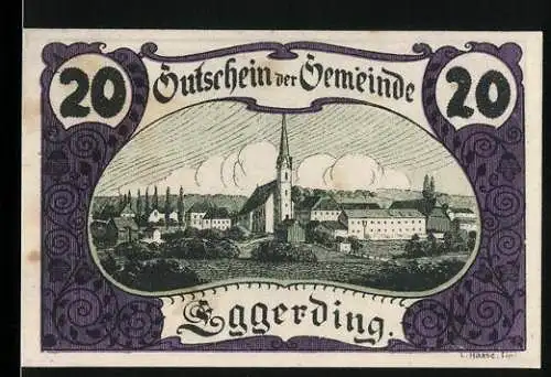 Notgeld Eggerding 1920, 20 Heller, Dorflandschaft mit Kirche und Gebäuden