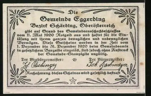 Notgeld Eggerding 1920, 20 Heller, Dorflandschaft mit Kirche und Gebäuden