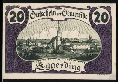 Notgeld Eggerding 1920, 20 Heller, Dorflandschaft mit Kirche, Gemeindeausgabe Oberösterreich