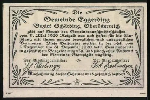 Notgeld Eggerding 1920, 20 Heller, Dorflandschaft mit Kirche, Gemeindeausgabe Oberösterreich