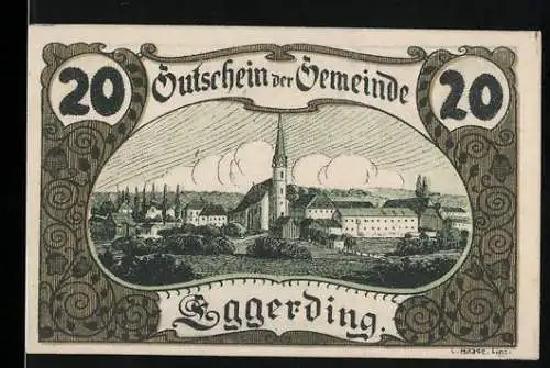 Notgeld Eggerding 1920, 20 Heller, Dorflandschaft und Text mit Unterschriften