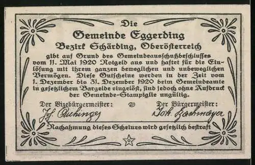 Notgeld Eggerding 1920, 20 Heller, Dorflandschaft und Text mit Unterschriften