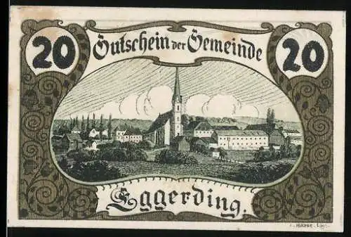 Notgeld Eggerding 1920, 20 Heller, Dorflandschaft mit Kirche und Häusern