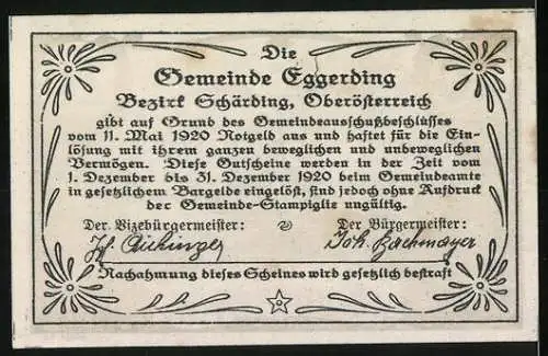 Notgeld Eggerding 1920, 20 Heller, Dorflandschaft mit Kirche und Häusern