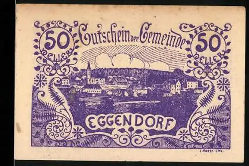 Notgeld Eggendorf 1920, 50 Heller, Dorflandschaft und florale Ornamente