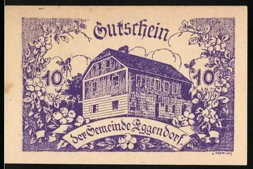 Notgeld Eggendorf 1920, 10 Heller, Fachwerkhaus und Blumenranken