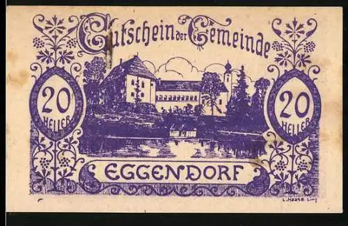 Notgeld Eggendorf 1920, 20 Heller, Schloss und Landschaftsmotiv, florale Verzierungen