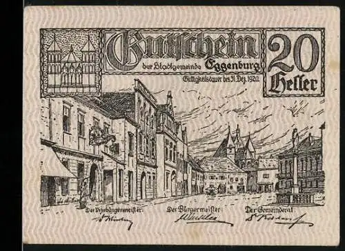 Notgeld Eggenburg 1920, 20 Heller, Stadtansicht und Stadtwappen, mit Unterschriften der Stadtverwaltung