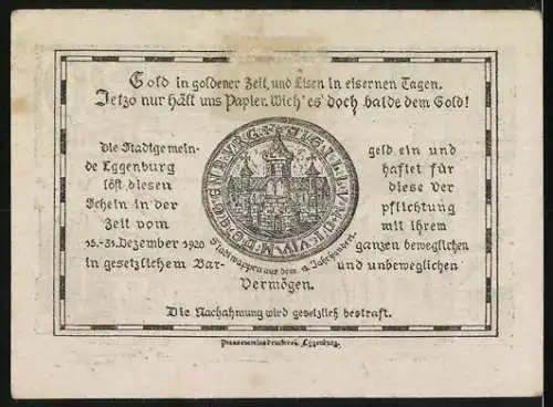 Notgeld Eggenburg 1920, 20 Heller, Stadtansicht und Stadtwappen, mit Unterschriften der Stadtverwaltung