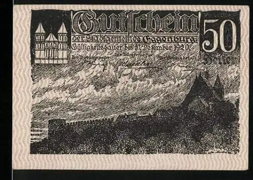 Notgeld Eggenburg 1920, 50 Heller, Stadtansicht und Stadtwappen