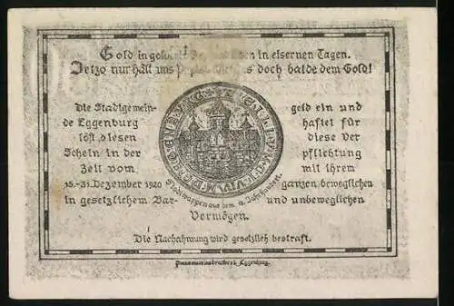 Notgeld Eggenburg 1920, 50 Heller, Stadtansicht und Stadtwappen