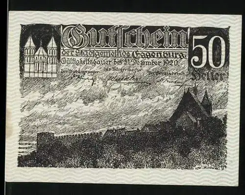 Notgeld Eggenburg 1920, 50 Heller, Stadtansicht mit Burg und Türmen, Wappen und Text