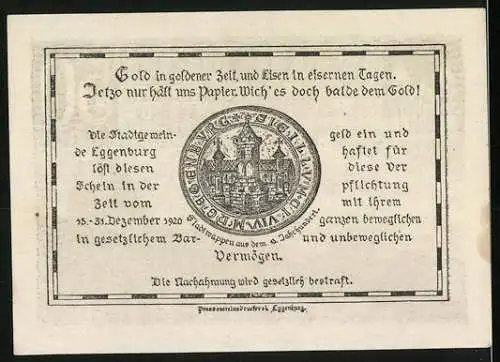 Notgeld Eggenburg 1920, 50 Heller, Stadtansicht mit Burg und Türmen, Wappen und Text