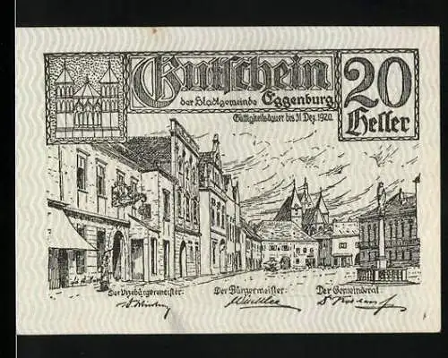 Notgeld Eggenburg 1920, 20 Heller, Stadtansicht und Siegel der Stadt Eggenburg