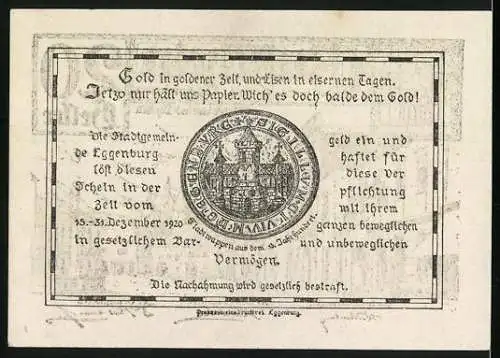 Notgeld Eggenburg 1920, 20 Heller, Stadtansicht und Siegel der Stadt Eggenburg