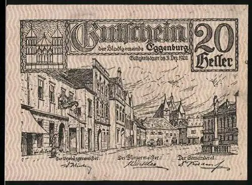 Notgeld Eggenburg 1920, 20 Heller, Stadtansicht mit Wappen und Inschriften