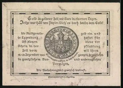 Notgeld Eggenburg 1920, 20 Heller, Stadtansicht mit Wappen und Inschriften